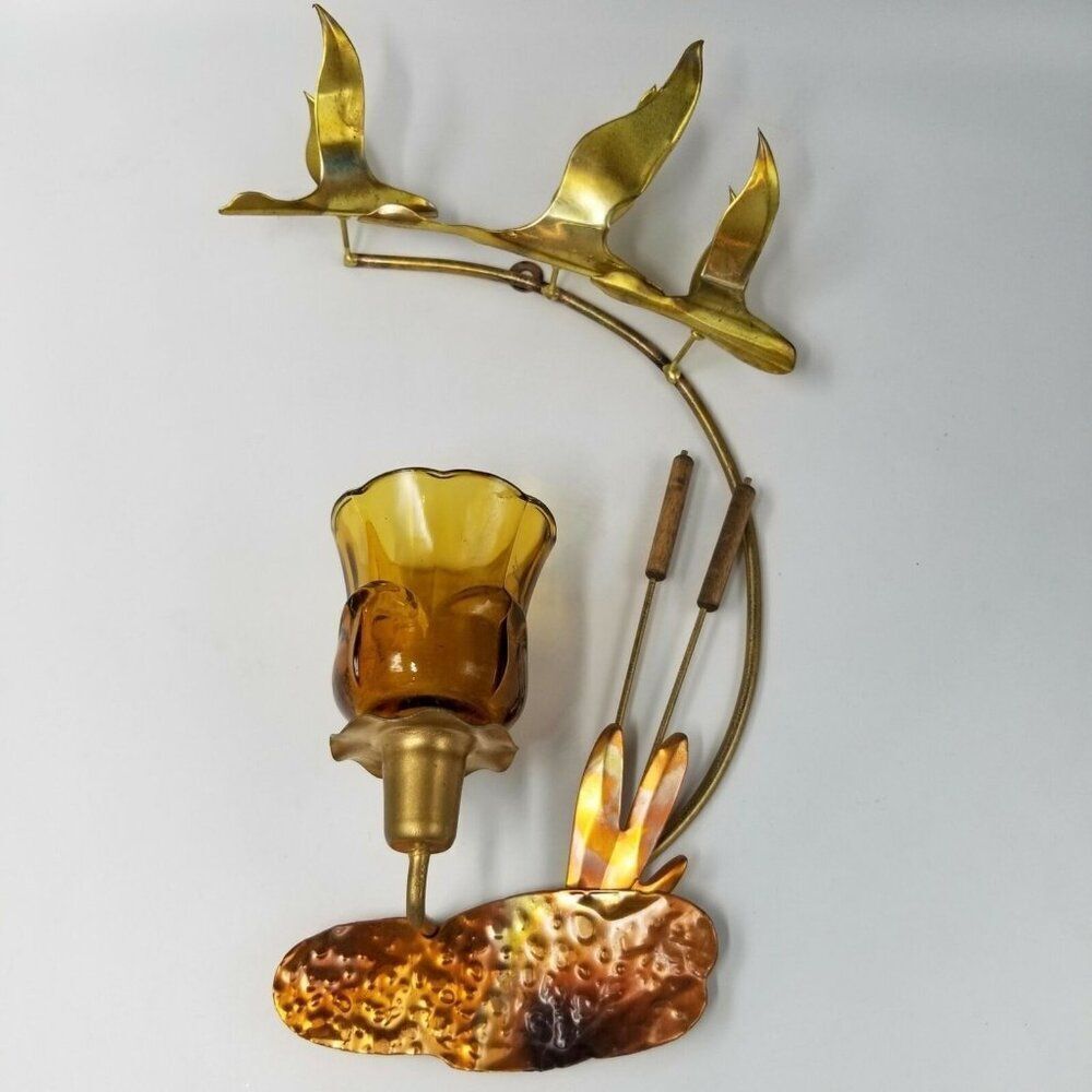 Homco Cattail Wall Sconce Amber Votive Cup Metal Brass Cooper Home Decor 9999s